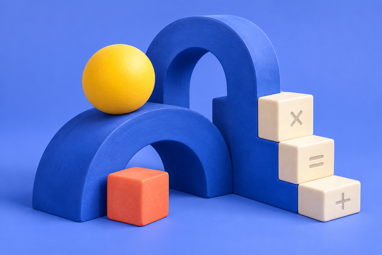 A playful arrangement of blue, yellow, and coral geometric puzzle pieces.